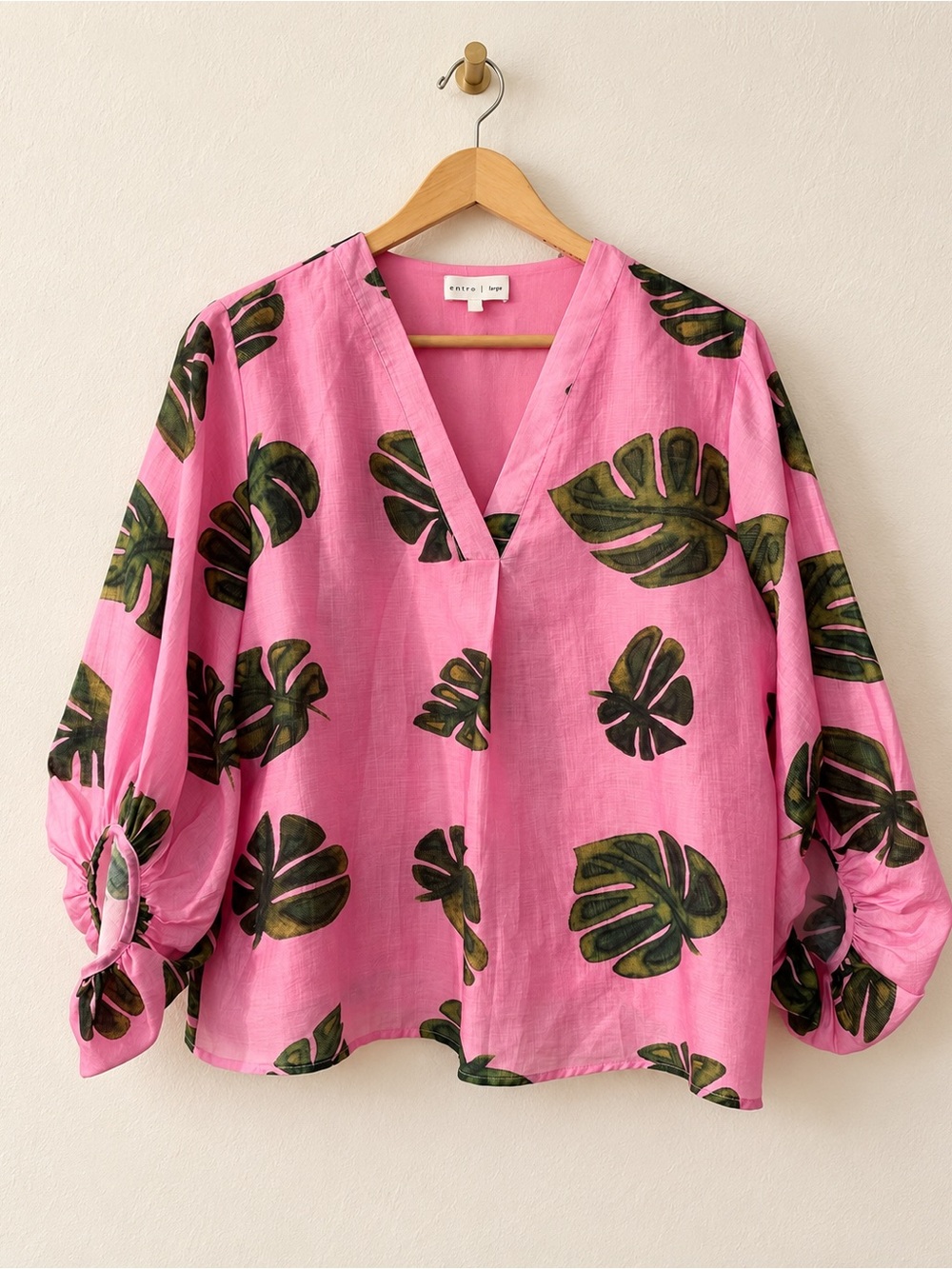 Entro Pink Tropical Monstera Leaf Print V Neck Blouse Large Resortwear